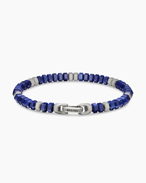 Mens Hex Bead Bracelet in Sterling Silver with Lapis, 6mm