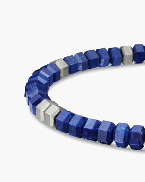 Mens Hex Bead Bracelet in Sterling Silver with Lapis, 6mm