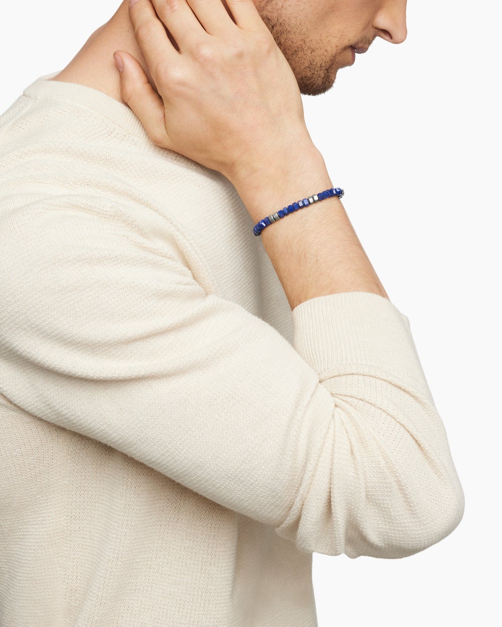 Mens Hex Bead Bracelet in Sterling Silver with Lapis, 6mm