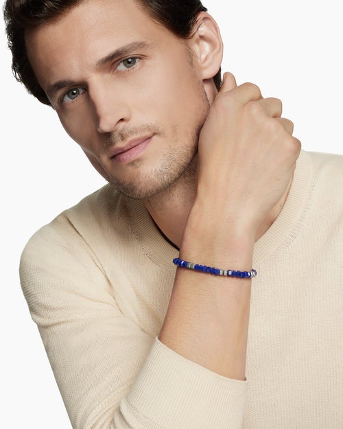 Mens Hex Bead Bracelet in Sterling Silver with Lapis, 6mm