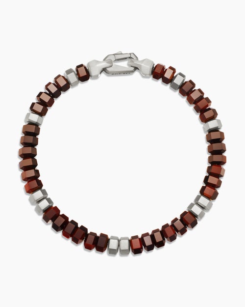 Mens Hex Bead Bracelet in Sterling Silver with Red Tiger’s Eye, 6mm