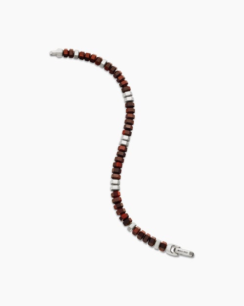 Mens Hex Bead Bracelet in Sterling Silver with Red Tiger’s Eye, 6mm