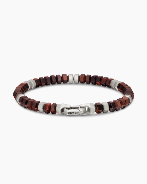 Mens Hex Bead Bracelet in Sterling Silver with Red Tiger’s Eye, 6mm