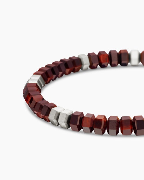 Mens Hex Bead Bracelet in Sterling Silver with Red Tiger’s Eye, 6mm