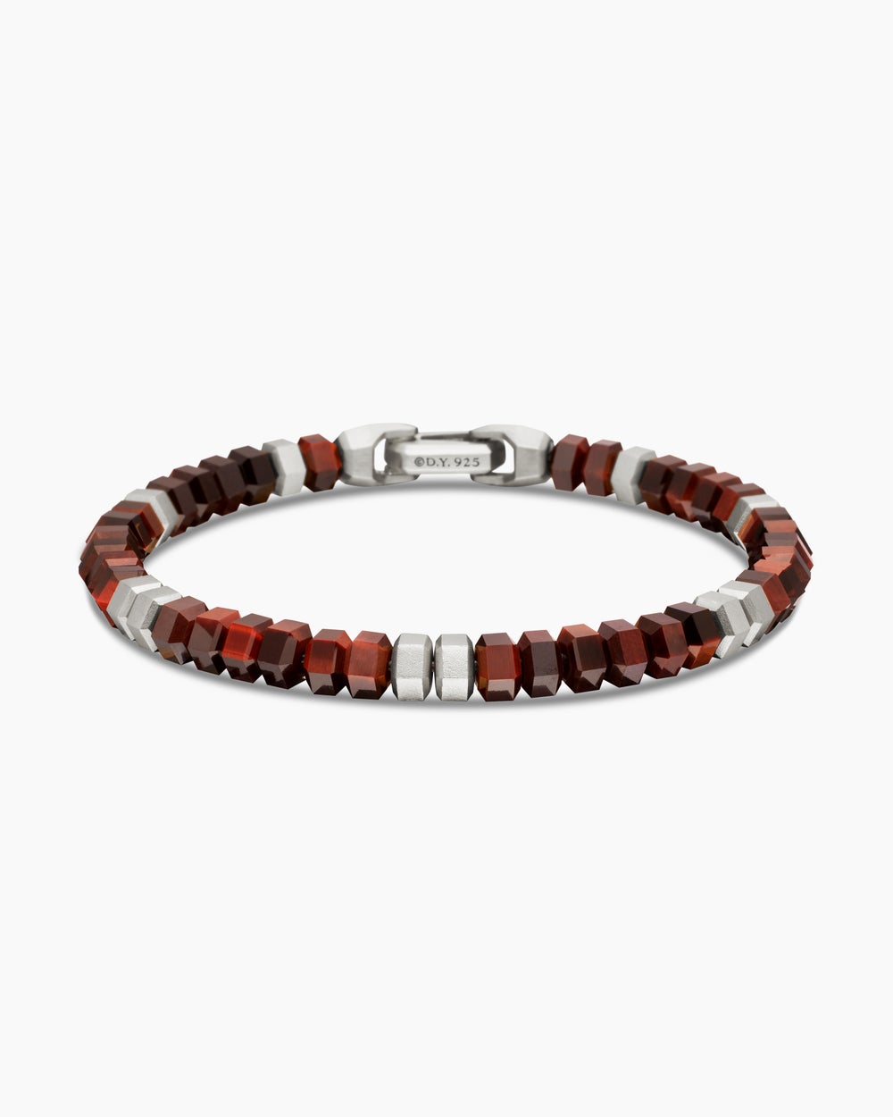 Mens Hex Bead Bracelet in Sterling Silver with Red Tiger’s Eye, 6mm