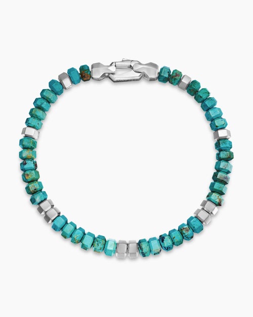 Mens Hex Bead Bracelet in Sterling Silver with Turquoise, 6mm