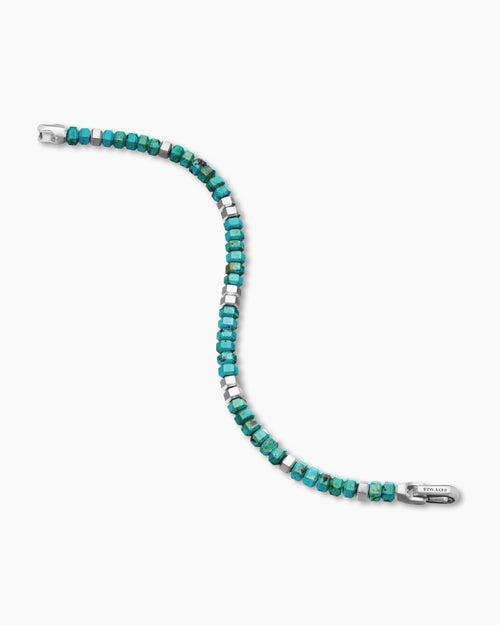 Mens Hex Bead Bracelet in Sterling Silver with Turquoise, 6mm