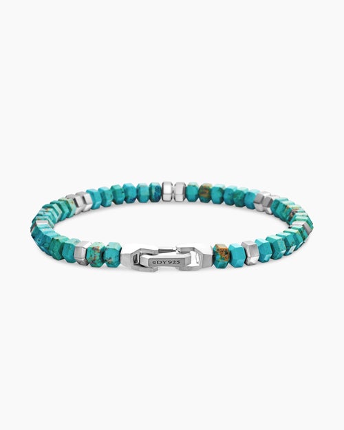 Mens Hex Bead Bracelet in Sterling Silver with Turquoise, 6mm