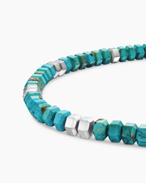 Mens Hex Bead Bracelet in Sterling Silver with Turquoise, 6mm