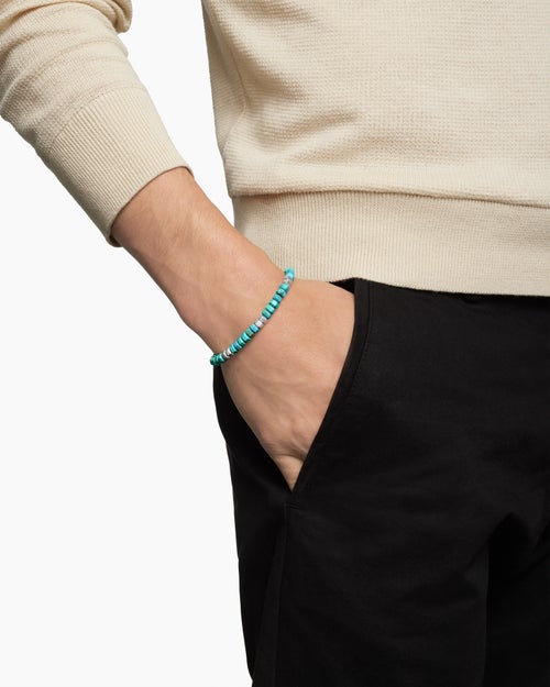 Mens Hex Bead Bracelet in Sterling Silver with Turquoise, 6mm