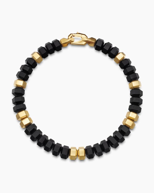 Mens Hex Bead Bracelet with Black Onyx and 18K Yellow Gold, 8mm