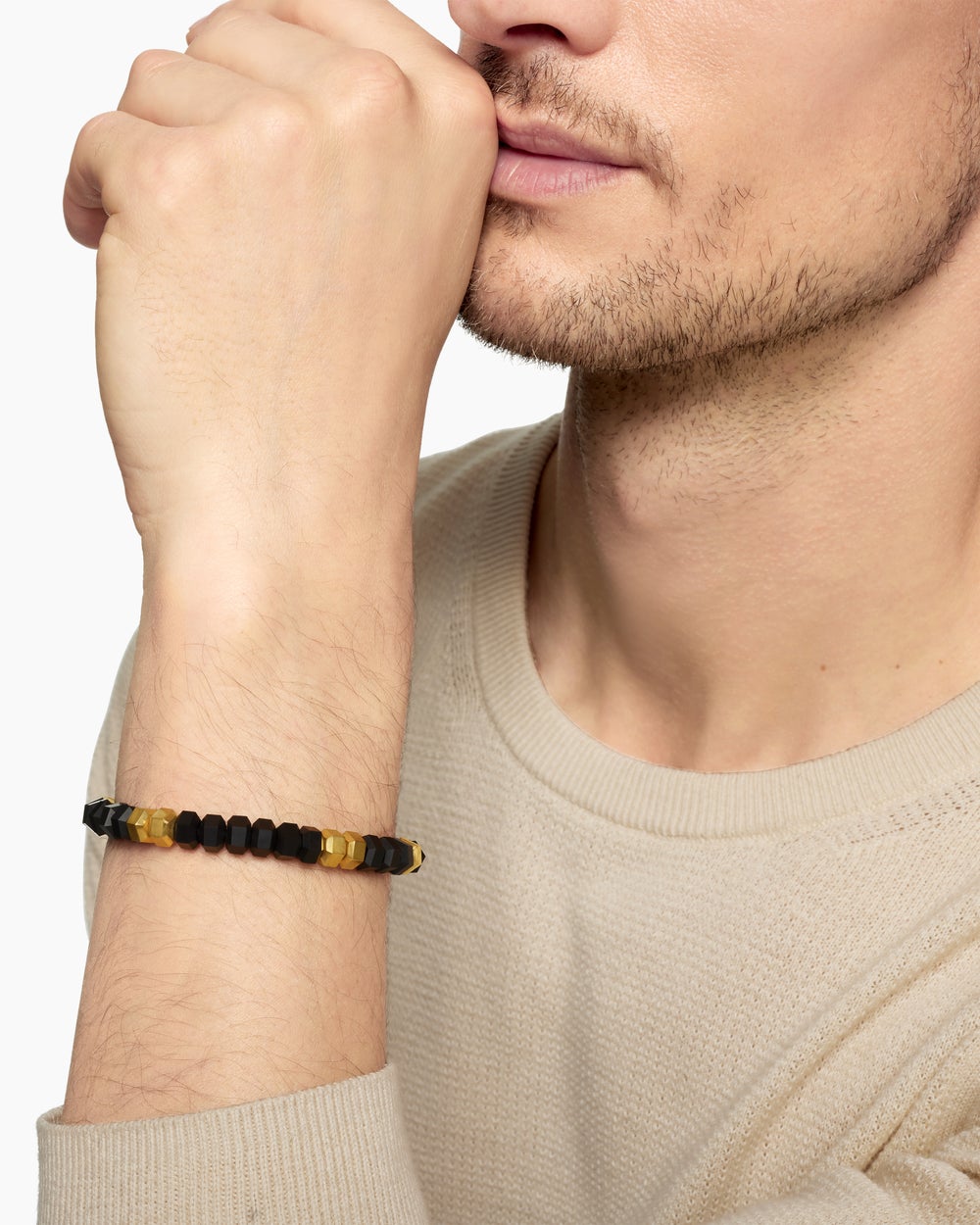 Mens Hex Bead Bracelet with 18K Yellow Gold, 8mm