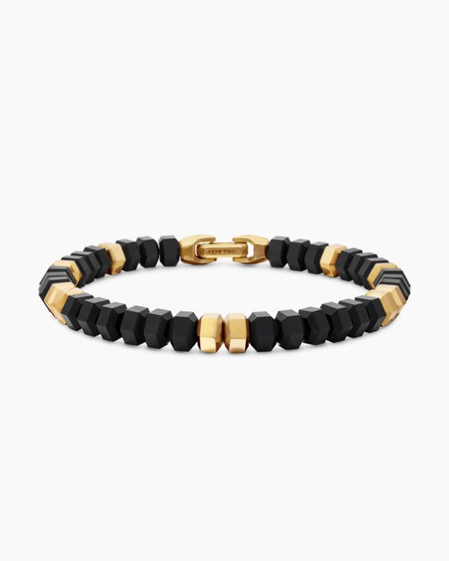 Mens Hex Bead Bracelet with Black Onyx and 18K Yellow Gold, 8mm