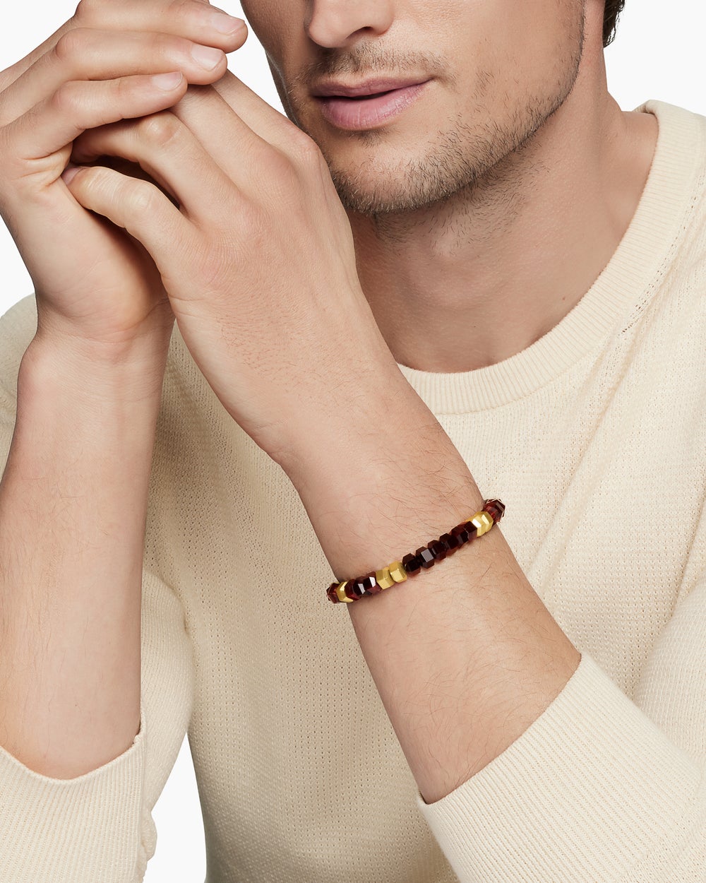 Mens Hex Bead Bracelet with 18K Yellow Gold, 8mm