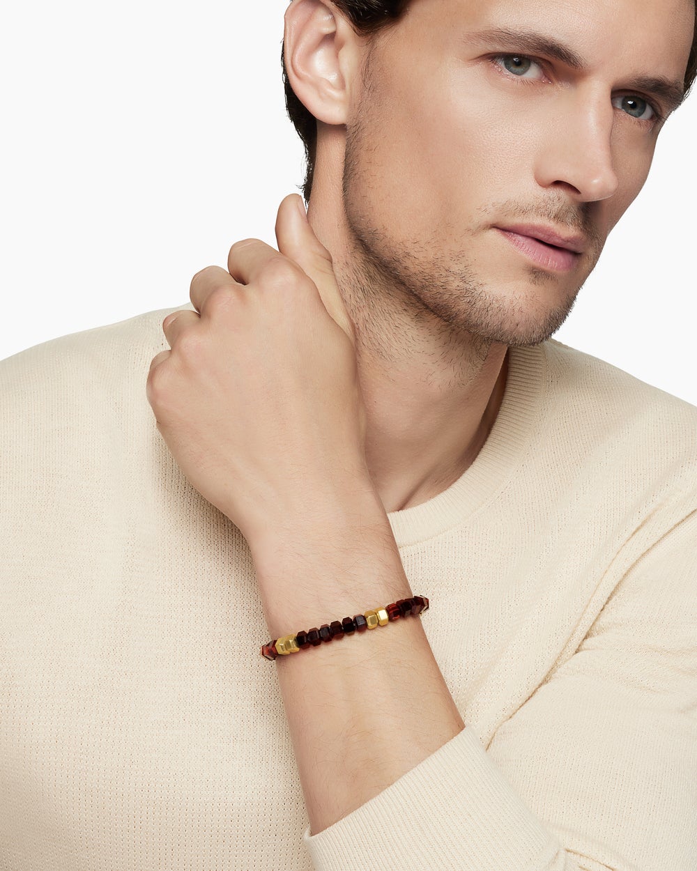 Mens Hex Bead Bracelet with 18K Yellow Gold, 8mm