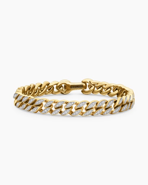 Mens Curb Chain Bracelet in 18K Yellow Gold with Diamonds, 8mm