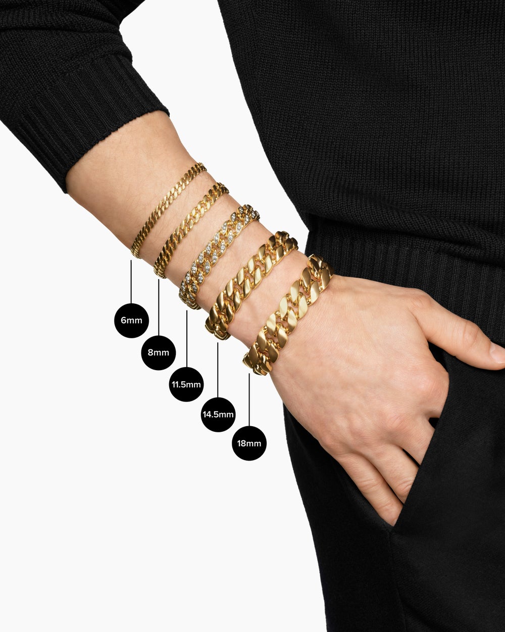 Bracelet Curb Chain en or jaune 18 carats avec pavé de diamants, 8 mm hommes