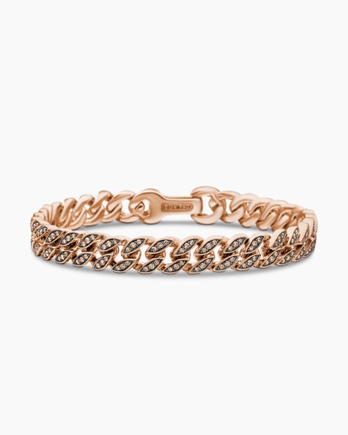 Mens Curb Chain Bracelet in 18K Rose Gold with Cognac Diamonds, 8mm