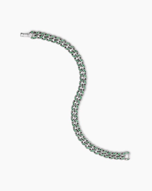 Mens Curb Chain Bracelet in 18K White Gold with Emeralds, 8mm