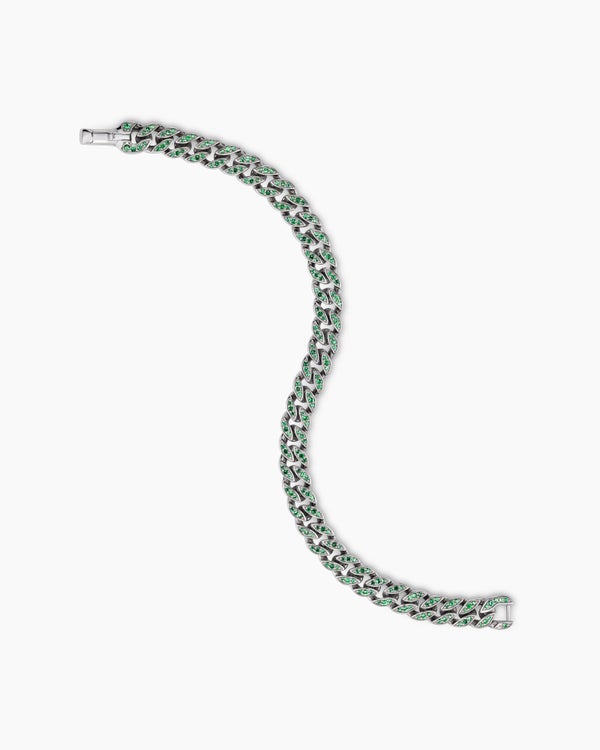 Curb Chain Bracelet in 18K White Gold with Emeralds, 8mm