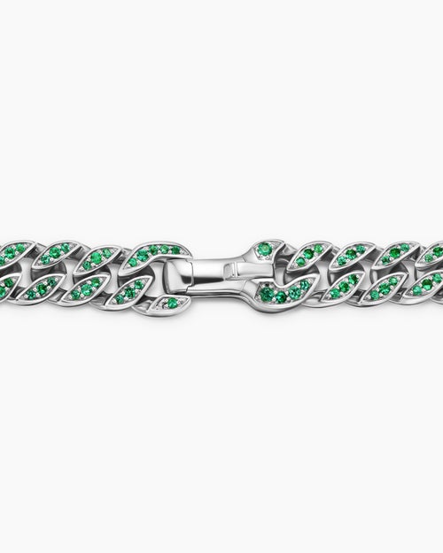 Mens Curb Chain Bracelet in 18K White Gold with Emeralds, 8mm