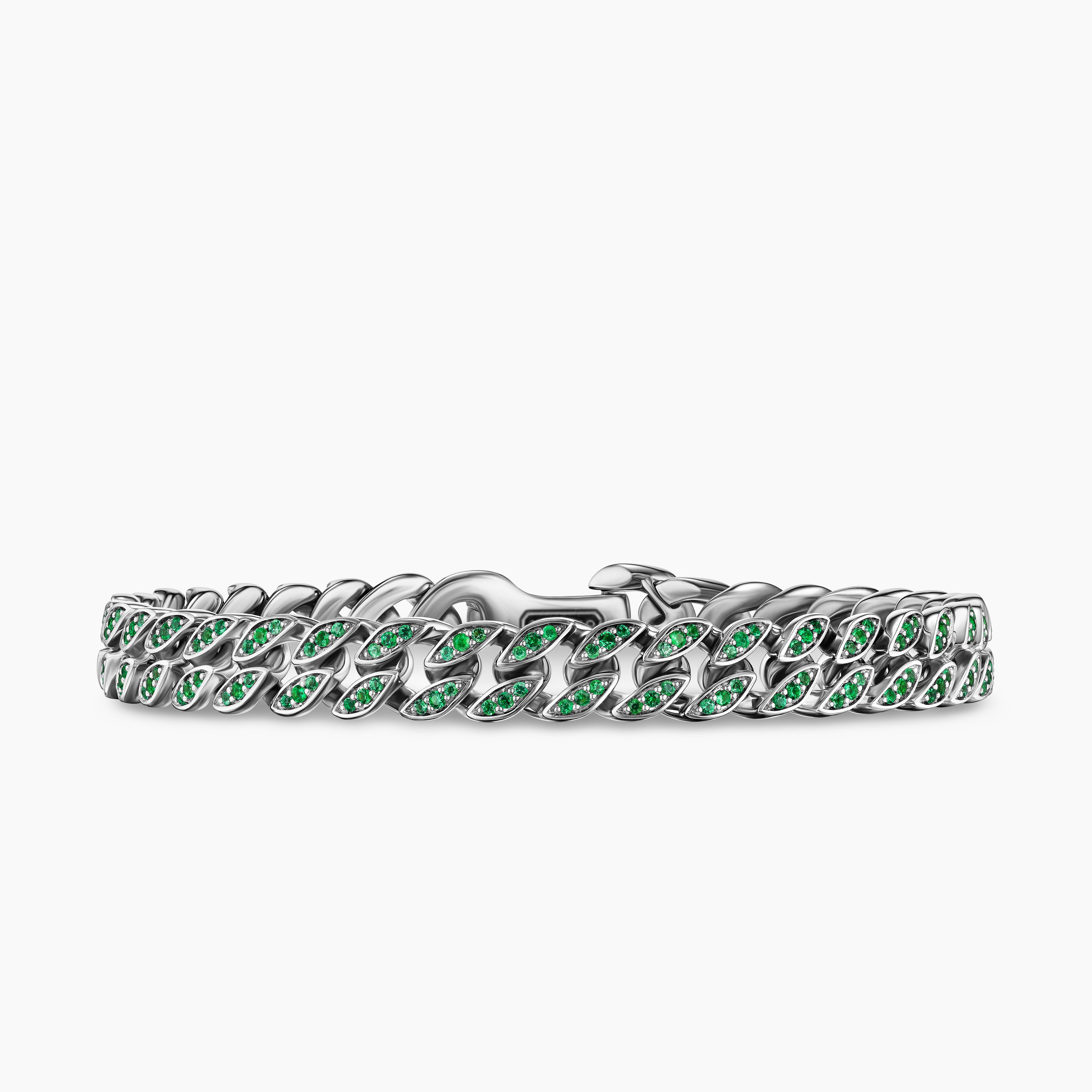 Mens Curb Chain Bracelet in 18K White Gold with Emeralds, 8mm