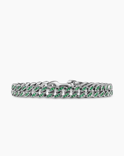 Mens Curb Chain Bracelet in 18K White Gold with Emeralds, 8mm