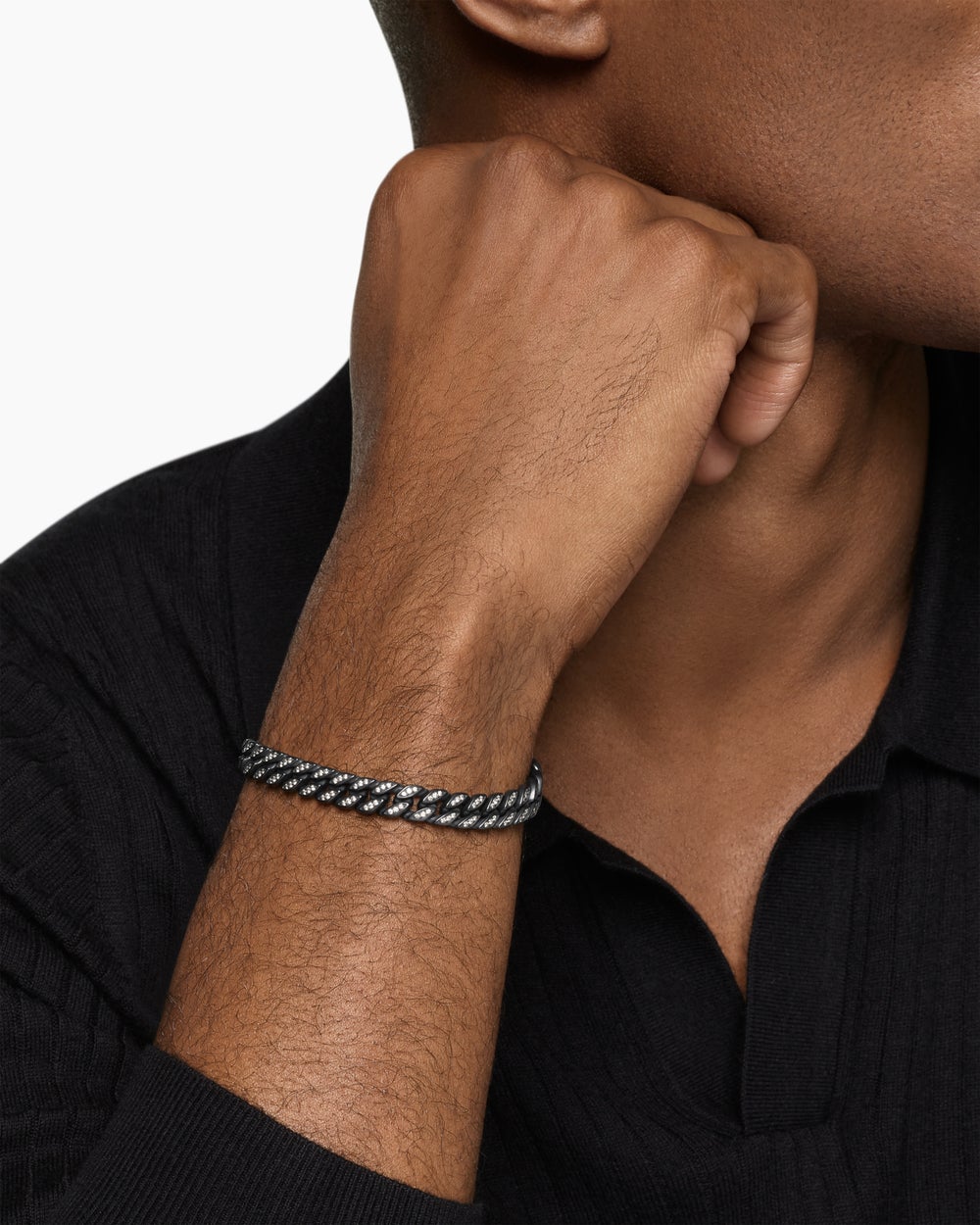 Mens Curb Chain Bracelet in Black Titanium with Diamonds, 8mm