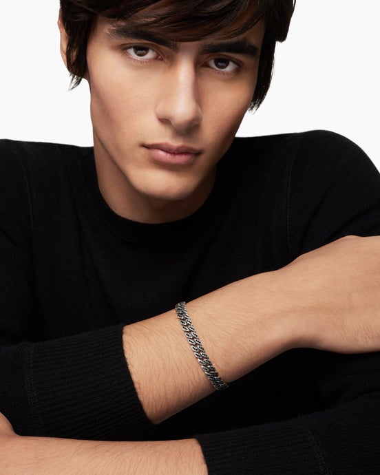 Curb Chain Bracelet in Sterling Silver with Black Diamonds, 8mm