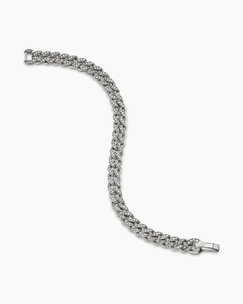 Mens Curb Chain Bracelet in Sterling Silver with Diamonds, 8mm