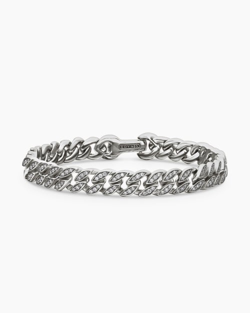 Mens Curb Chain Bracelet in Sterling Silver with Diamonds, 8mm