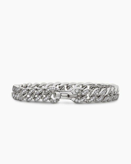 Mens Curb Chain Bracelet in Sterling Silver with Diamonds, 8mm
