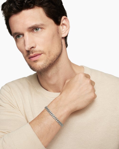 Mens Curb Chain Bracelet in Sterling Silver with Diamonds, 8mm