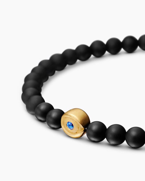 Mens Spiritual Beads Evil Eye Bracelet with Black Onyx, Sapphire and 18K Yellow Gold, 4mm