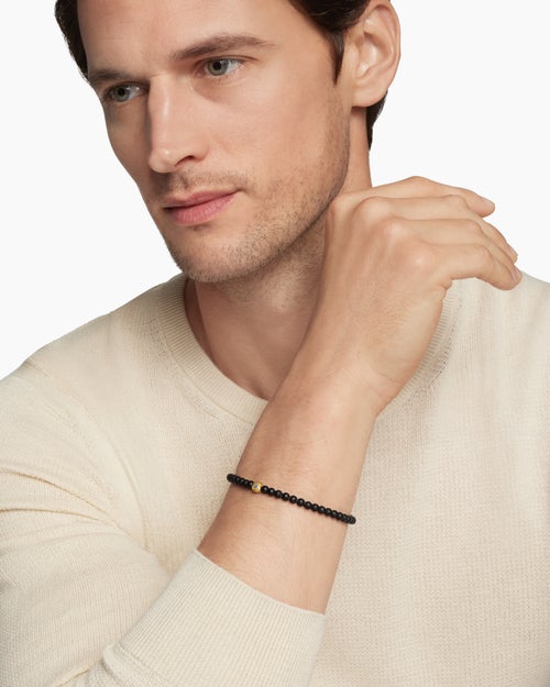 Mens Spiritual Beads Evil Eye Bracelet with Black Onyx, Sapphire and 18K Yellow Gold, 4mm