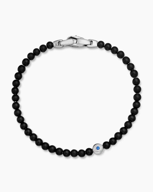 Mens Spiritual Beads Evil Eye Bracelet in Sterling Silver with Black Onyx and Sapphire, 4mm
