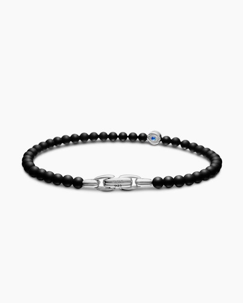Mens Spiritual Beads Evil Eye Bracelet in Sterling Silver with Black Onyx and Sapphire, 4mm