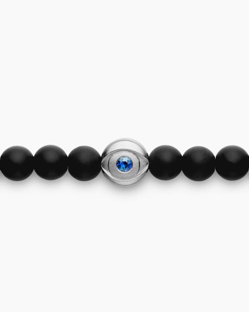 Mens Spiritual Beads Evil Eye Bracelet in Sterling Silver with Black Onyx and Sapphire, 4mm