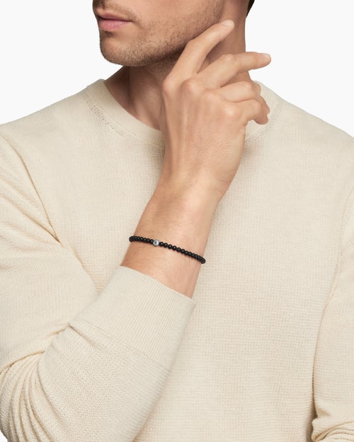 Mens Spiritual Beads Evil Eye Bracelet in Sterling Silver with Black Onyx and Sapphire, 4mm