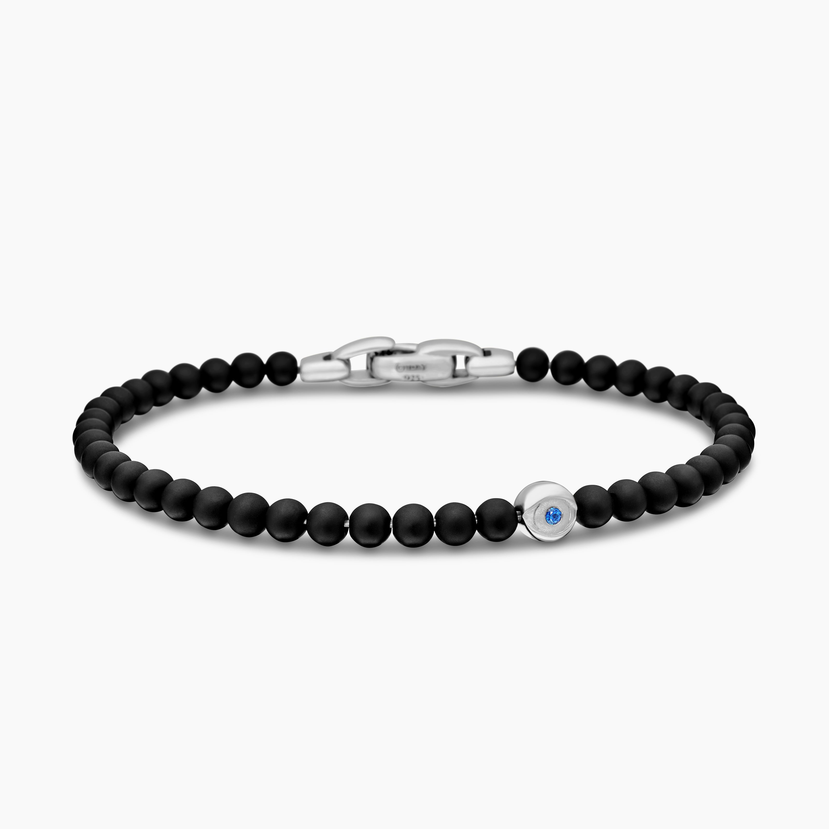 Mens Spiritual Beads Evil Eye Bracelet in Sterling Silver, 4mm