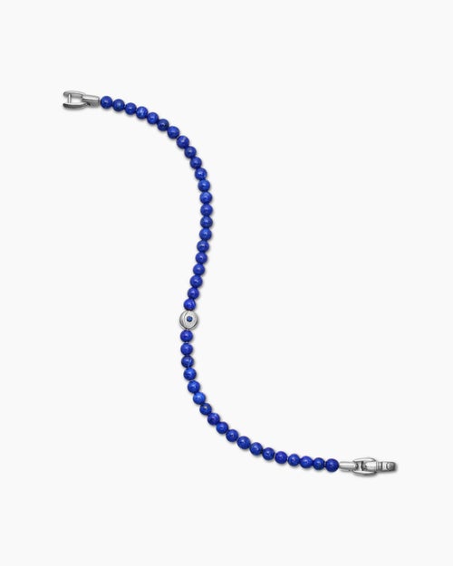 Mens Spiritual Beads Evil Eye Bracelet in Sterling Silver with Lapis and Sapphire, 4mm