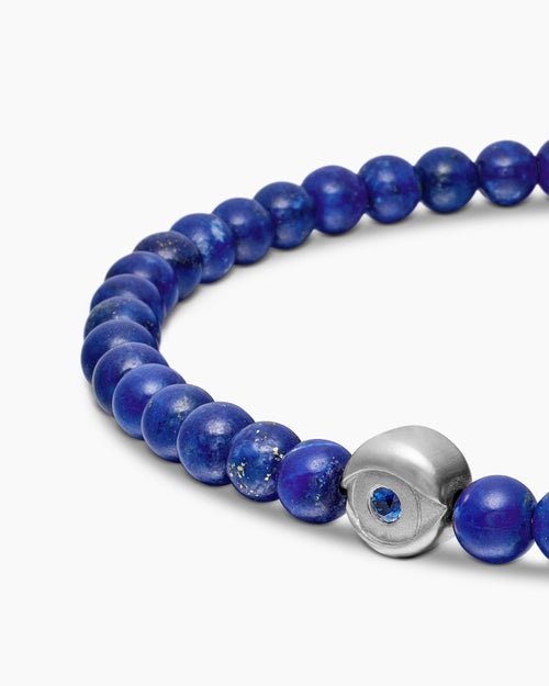 Mens Spiritual Beads Evil Eye Bracelet in Sterling Silver with Lapis and Sapphire, 4mm