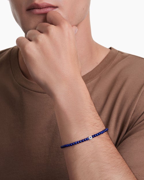 Mens Spiritual Beads Evil Eye Bracelet in Sterling Silver with Lapis and Sapphire, 4mm
