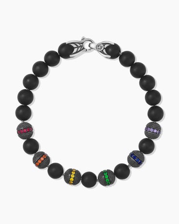 Spiritual Beads Rainbow Bracelet in Sterling Silver with Black Onyx, Sapphires and Tsavorites, 8mm
