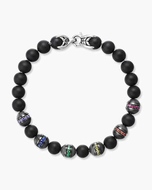 Mens Spiritual Beads Rainbow Bracelet in Sterling Silver with Black Onyx, Sapphires and Tsavorites, 8mm