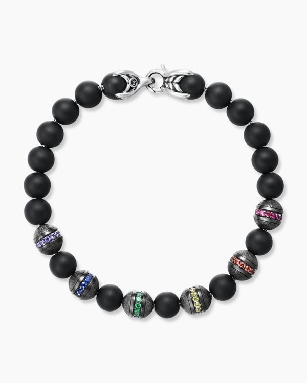 Bracelet Spiritual Beads arc-en-ciel en argent sterling avec onyx noir, saphirs et tsavorites, 8 mm
