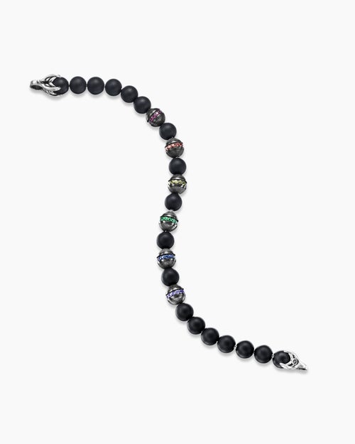 Mens Spiritual Beads Rainbow Bracelet in Sterling Silver with Black Onyx, Sapphires and Tsavorites, 8mm