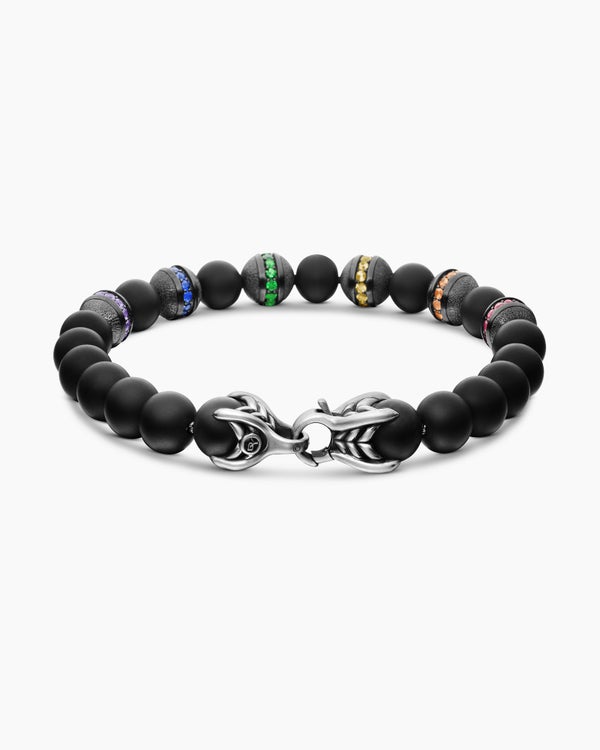 Bracelet Spiritual Beads arc-en-ciel en argent sterling avec onyx noir, saphirs et tsavorites, 8 mm