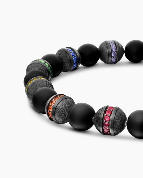 Mens Spiritual Beads Rainbow Bracelet in Sterling Silver with Black Onyx, Sapphires and Tsavorites, 8mm