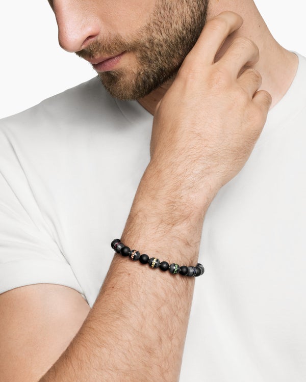 Bracelet Spiritual Beads arc-en-ciel en argent sterling avec onyx noir, saphirs et tsavorites, 8 mm